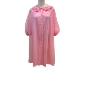 Vtg 60s Artemis Sheer Pink Chiffon Peignoir Robe Nightgown Sz M Lace Collar